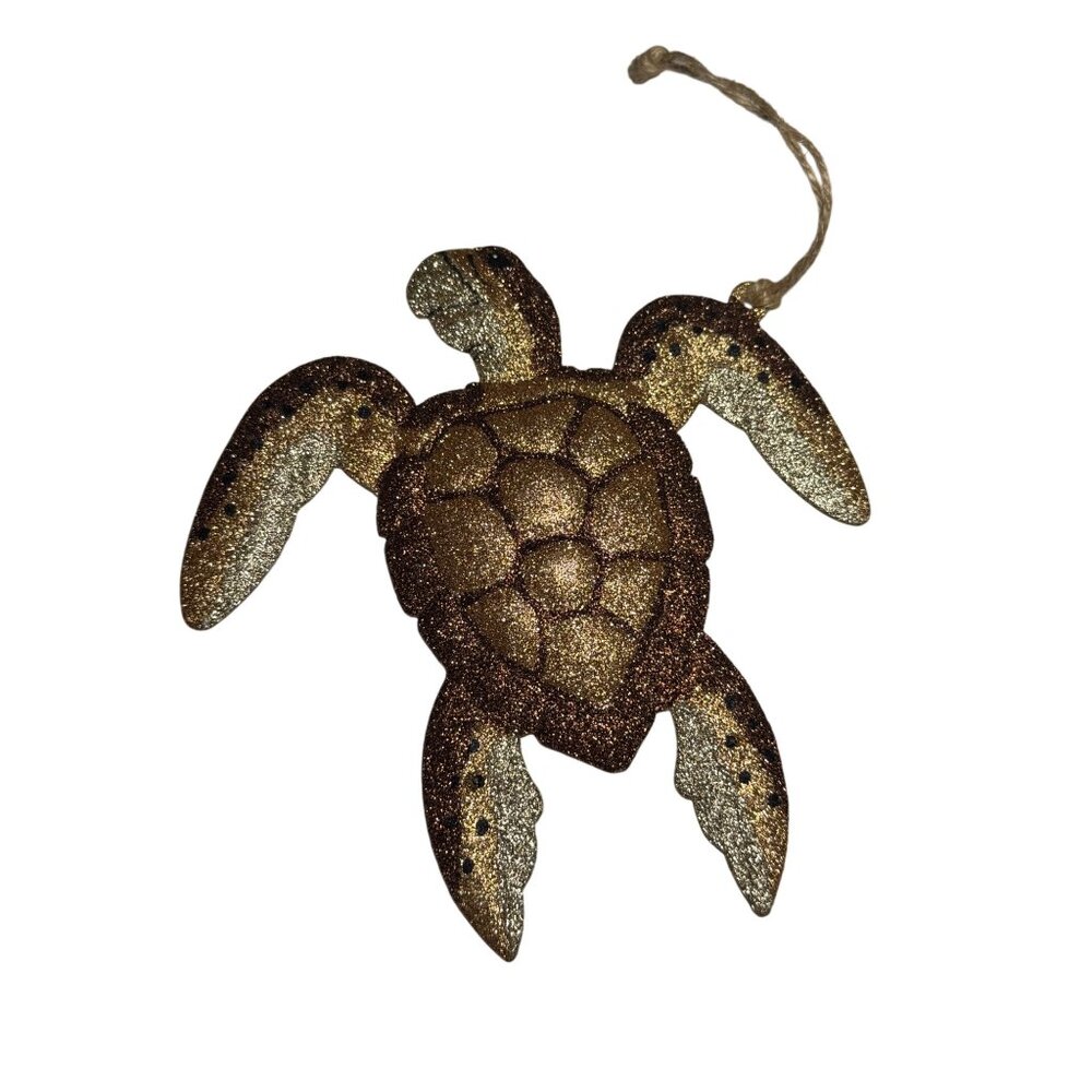 Glittery Sea Turtle Hanging Ornament 5" Gold & Brown Coastal Decor Metal
